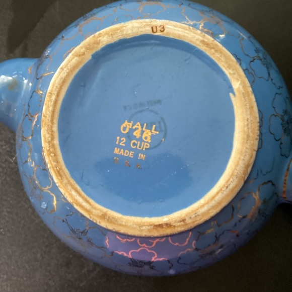 Hall Teapot French Flower Cadet Blue Periwinkle Gold Trim Vintage 1950s - Picture 14 of 14